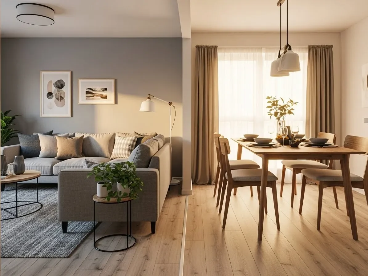 Small living-dining room layout where sofa and dining table sit adjacent — smooth flow between areas.”