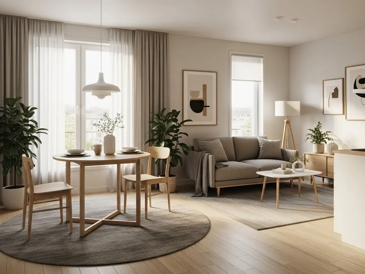 “Dining table on a large neutral rug next to sofa — visually defining a living and dining combo space.”