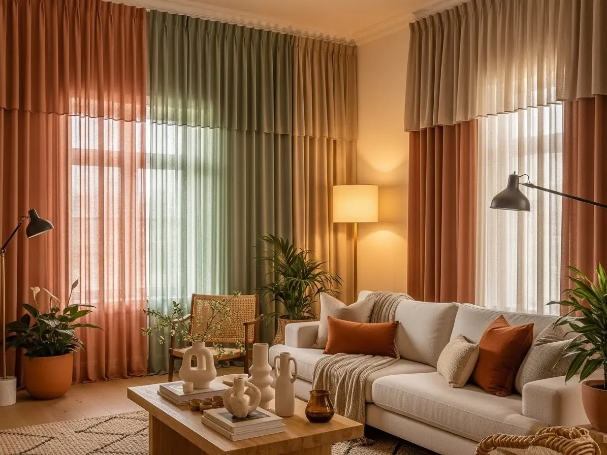 Living room showcasing 2026 curtain trends including layering, textured fabrics, and natural tones.