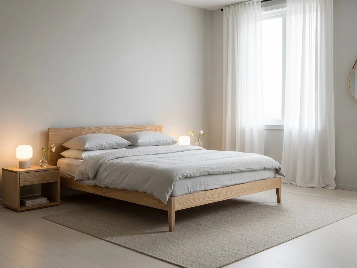 Low-profile platform bed in a minimalist Scandinavian bedroom design.