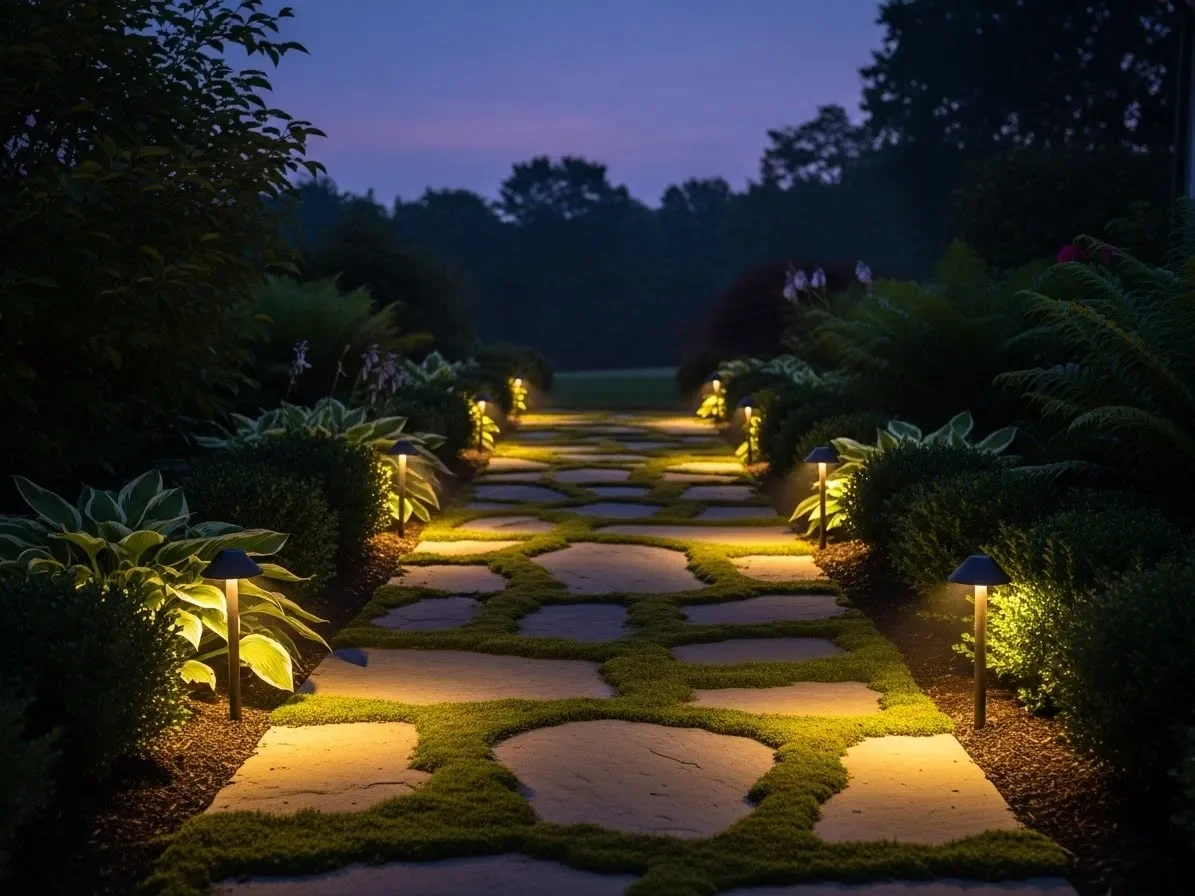 Low-voltage path lights illuminating a garden walkway at night.