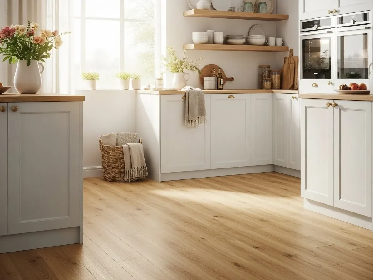 Modern kitchen with natural oak LVP flooring, white cabinets, and warm sunlight creating a cozy, bright look