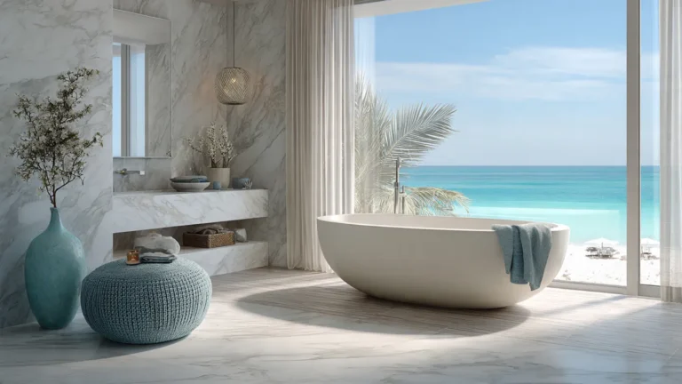 A bright coastal space showcasing beach bathroom ideas with white walls, soft blue accents, natural wood details, and an airy beach house feel