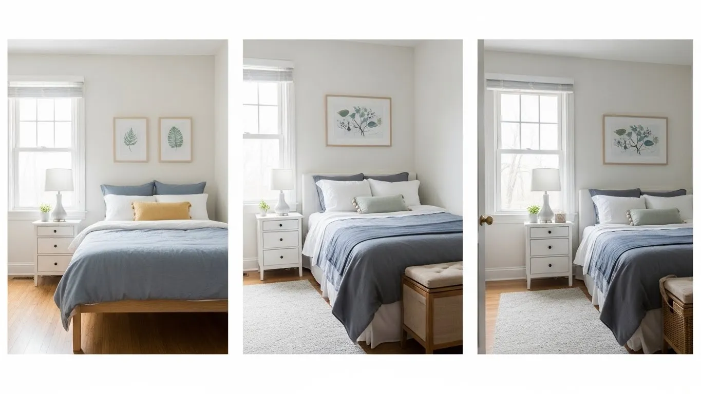 Collage showing small bedroom ideas to feel bigger using light colors, a large mirror, and uncluttered surfaces.
