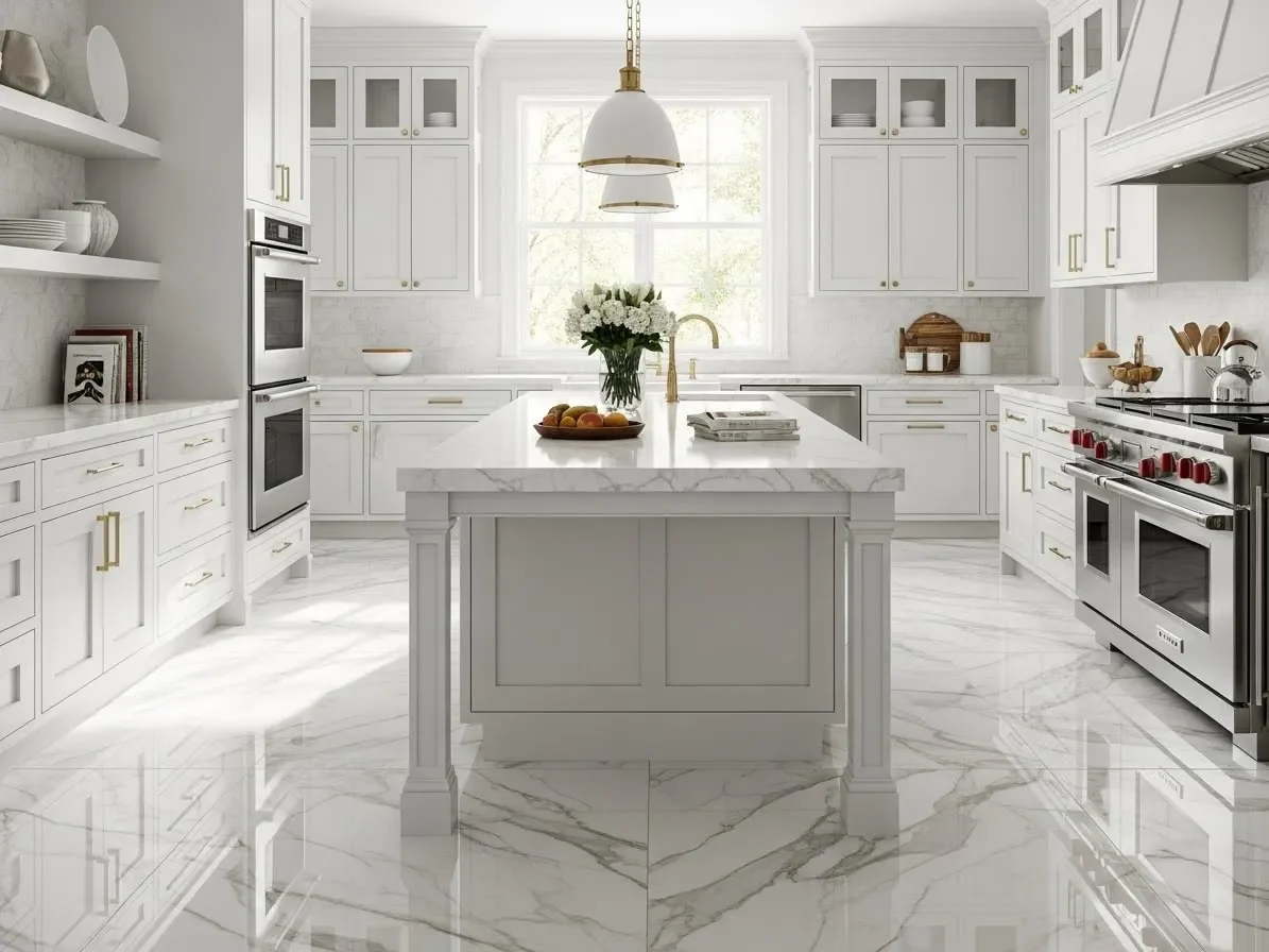 Upscale kitchen with porcelain tile featuring marble-look veining and bright chic décor.
