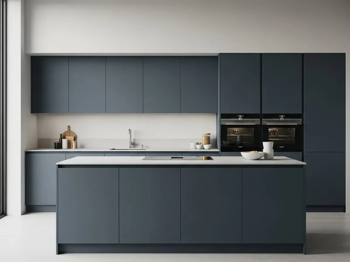 Matte blue cabinets in a modern minimalist kitchen.