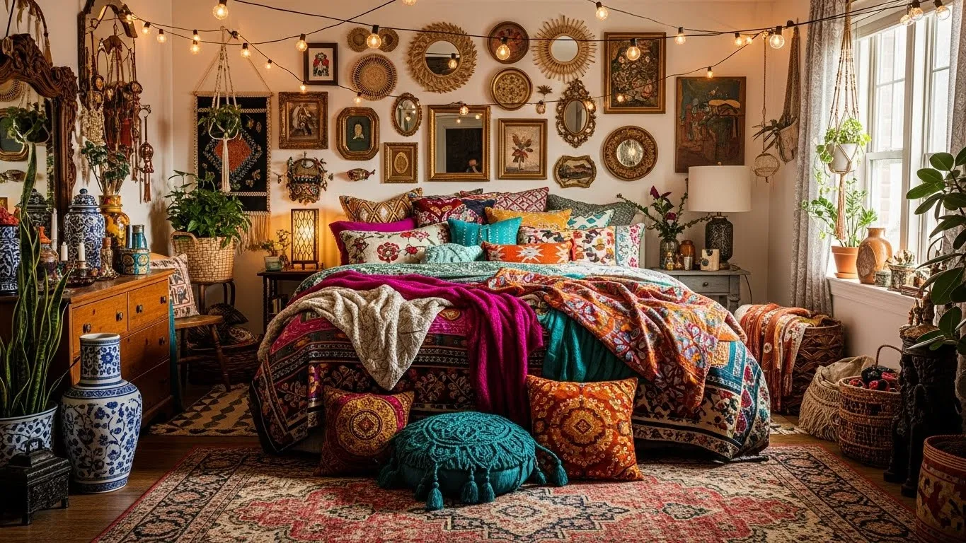 “Maximalist boho bedroom ideas with colorful layered bedding, patterned textiles, and eclectic wall art.”