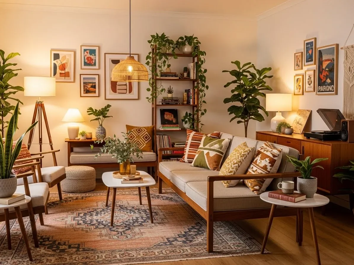 
“Mid-century boho living room with wooden furniture, patterned textiles and plants.”