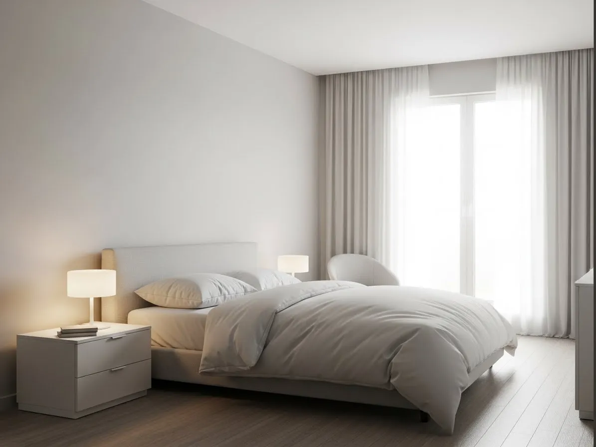 Minimal bedroom with simple decor and uncluttered surfaces for a calm relaxing design.