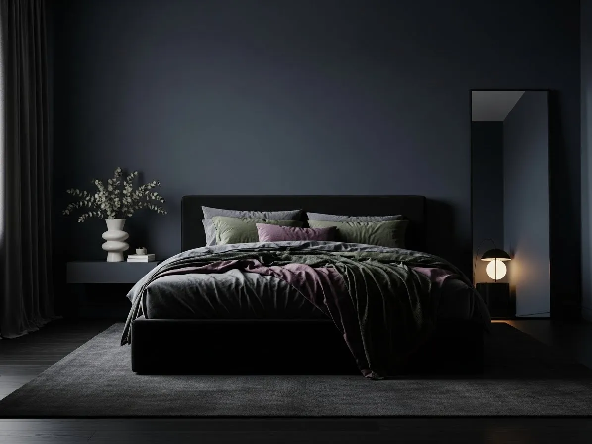 Cozy seating area in a dark feminine bedroom.
