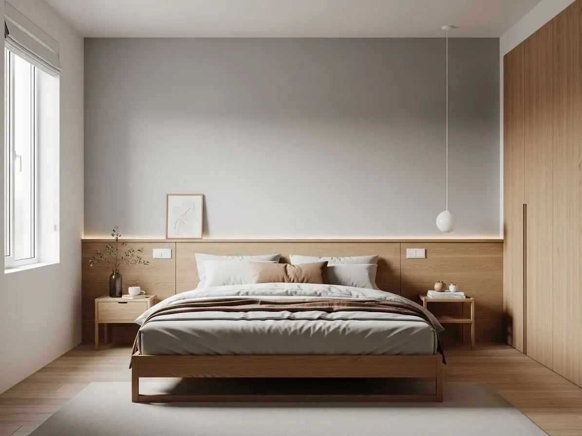 Minimalist Japandi bedroom with hidden storage and clean furniture lines.