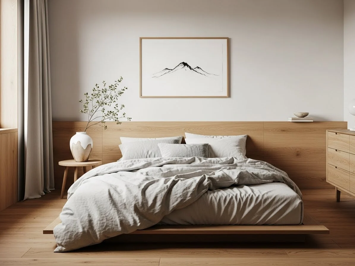 Japandi bedroom with minimal decor and a clean, intentional layout.