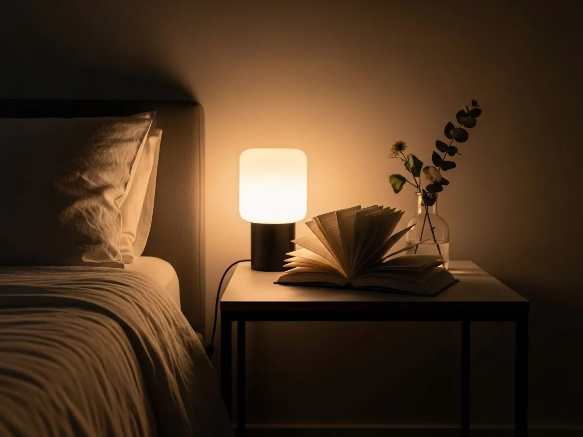 Minimal nightstand styling with a lamp, book, and small decor for a clutter-free bedroom.