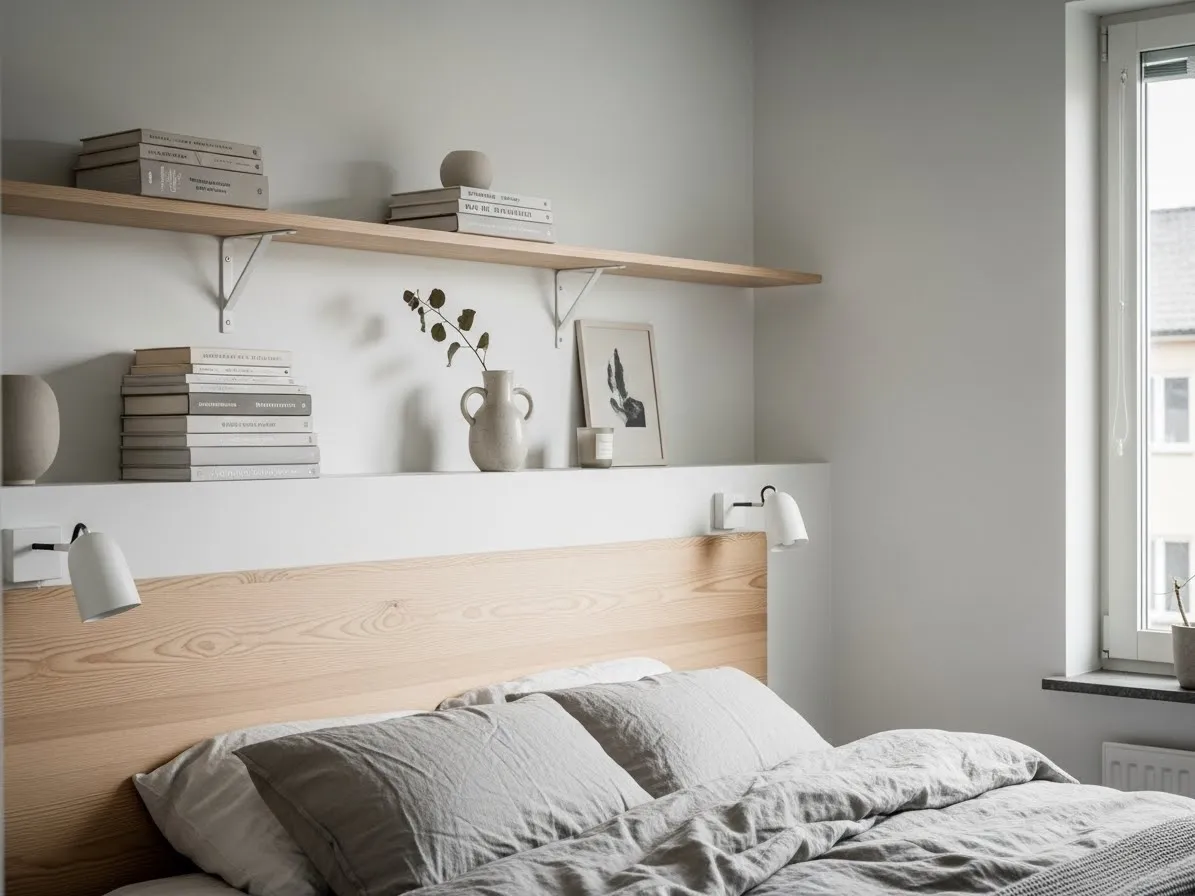 Minimal open shelf styling with books and decor in a Scandinavian bedroom.