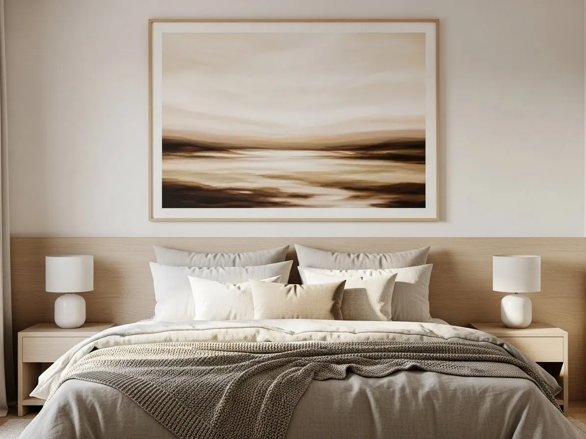 Minimal wall art above the bed creating a clean and calm bedroom design.