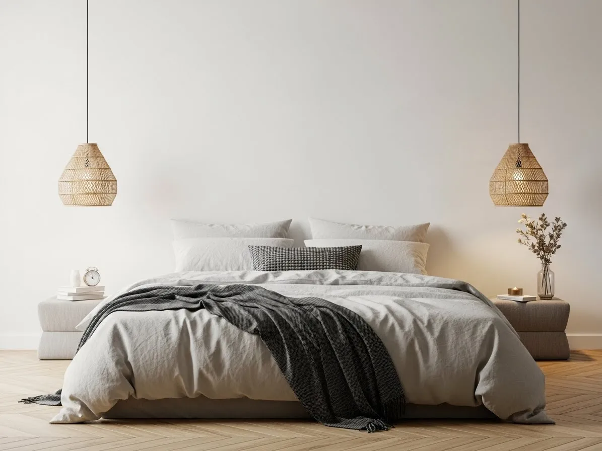 Bed without a headboard against a clean wall with layered neutral bedding as the focal point in a minimalist bedroom