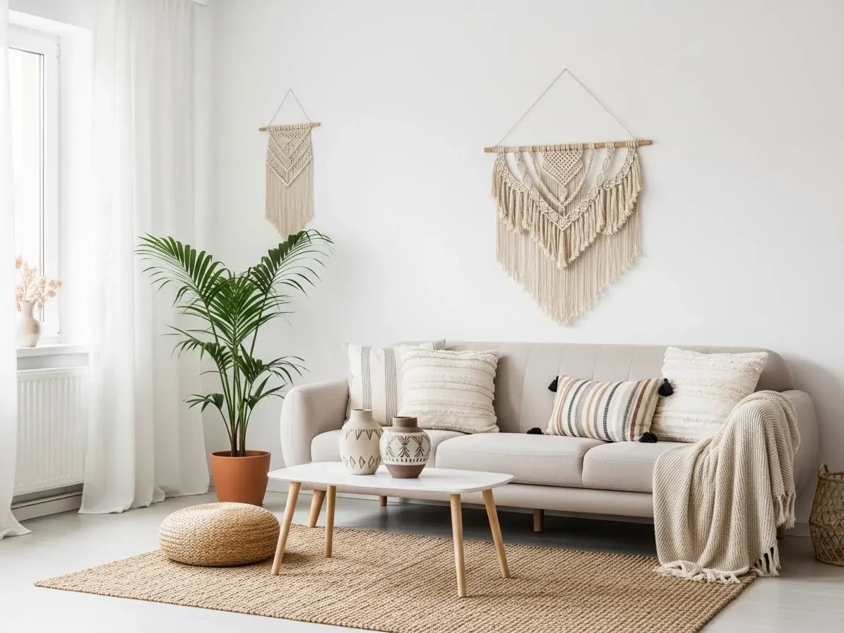 “Minimalist boho living room with neutral furniture and light textures for small spaces.