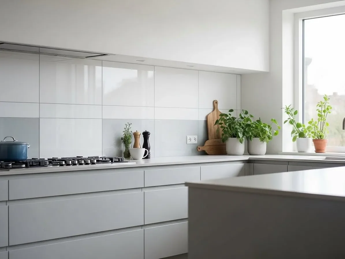 Modern kitchen with large-format minimalist backsplash tiles in white and light gray, clean counters, and bright natural daylight.