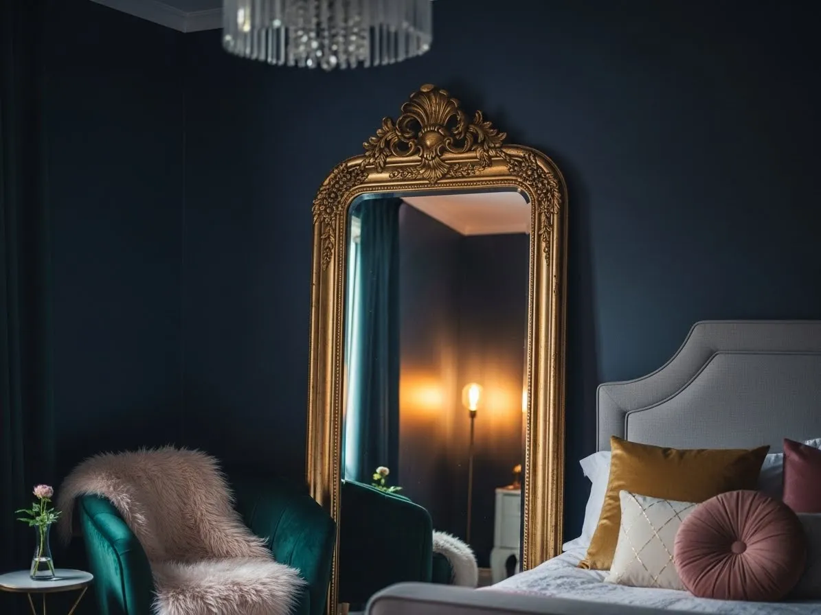 Decorative mirror reflecting light in a dark feminine bedroom.