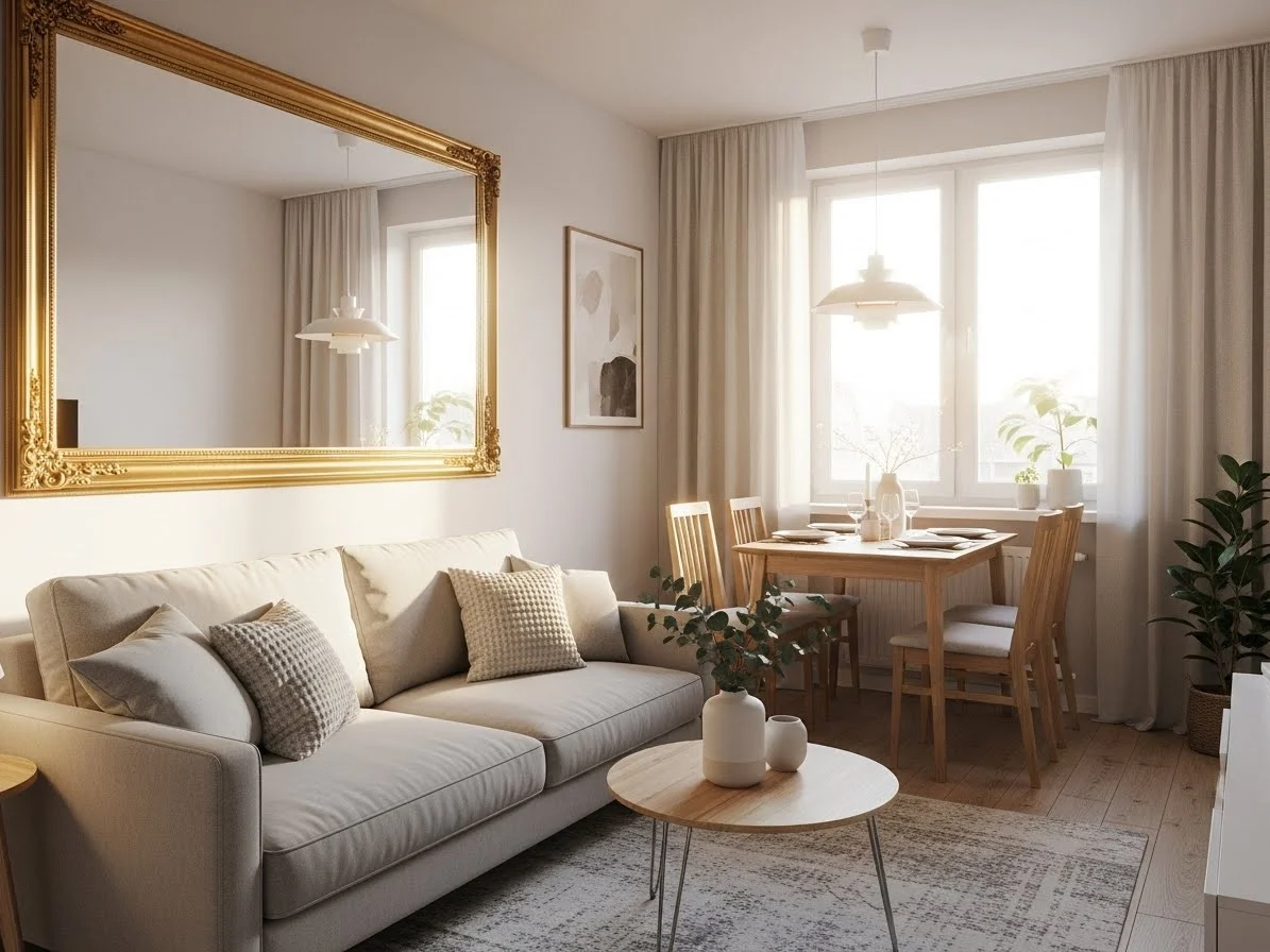 “Large framed mirror on living-dining room wall reflecting window light — making space appear larger.