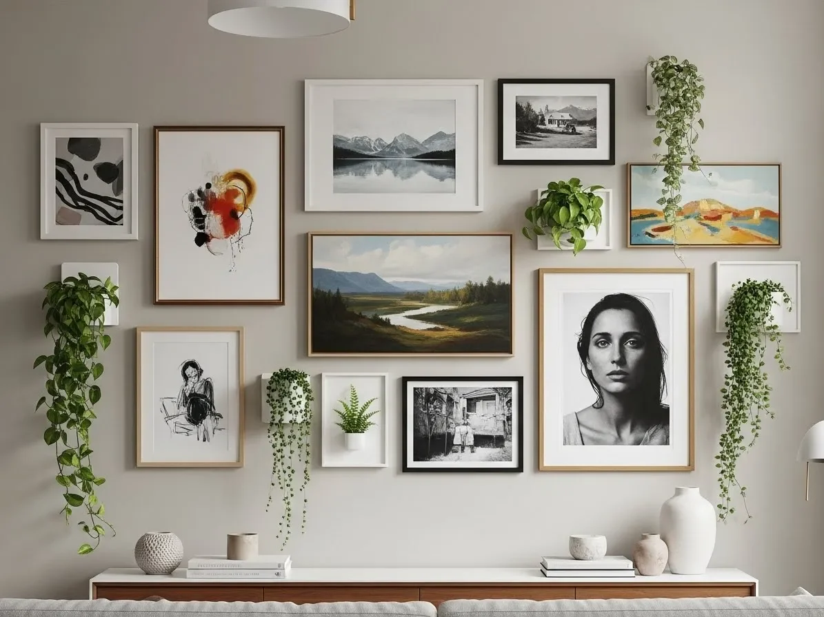 A gallery wall combining framed art and small wall planters with indoor plants.