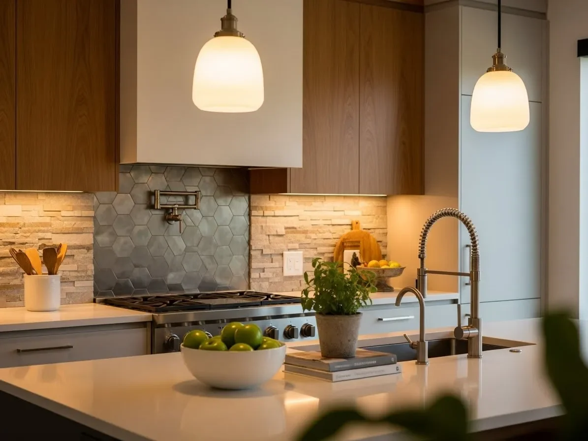 Modern kitchen showcasing a backsplash with mixed materials including stone, wood, and metallic tiles.
