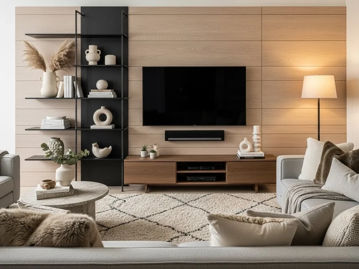 TV wall design combining wood, metal, and soft décor for a layered look.