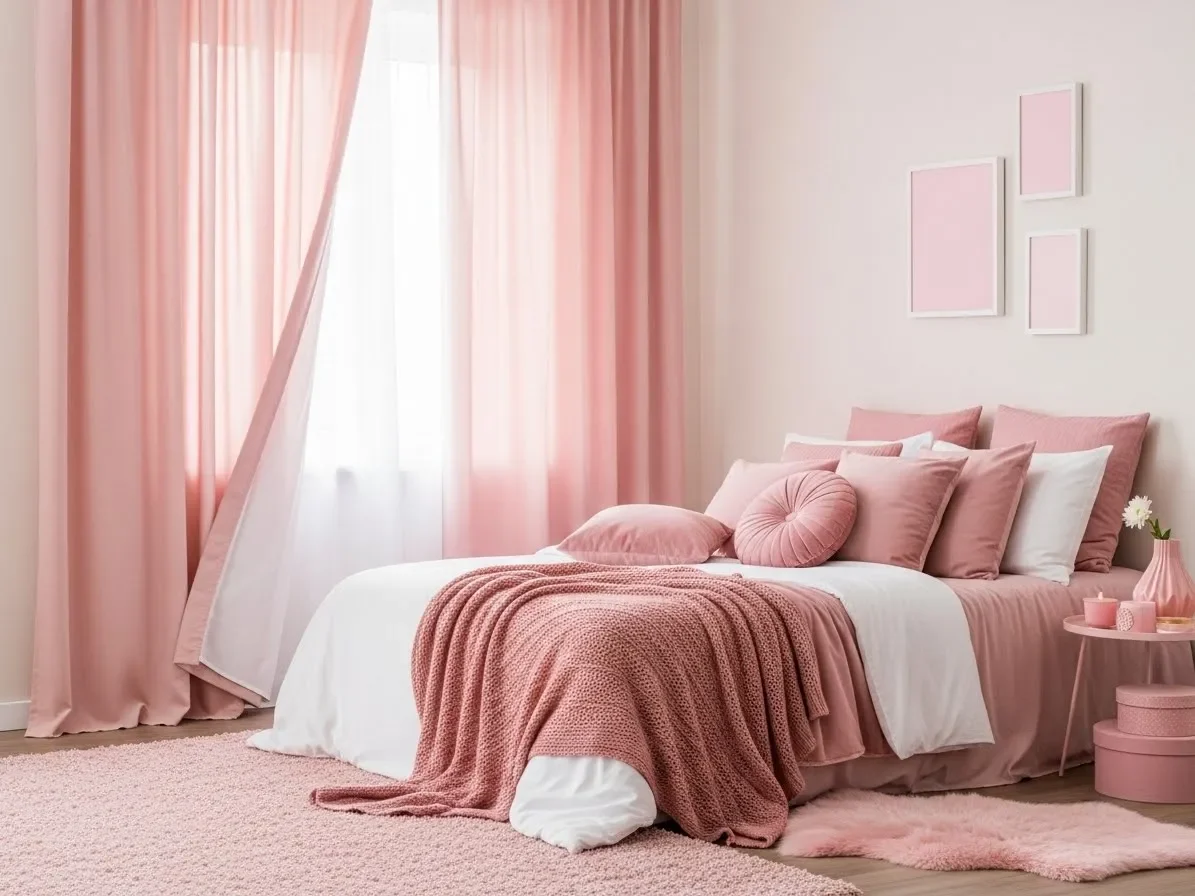 Bedroom decorated with several shades of pink in bedding and décor.