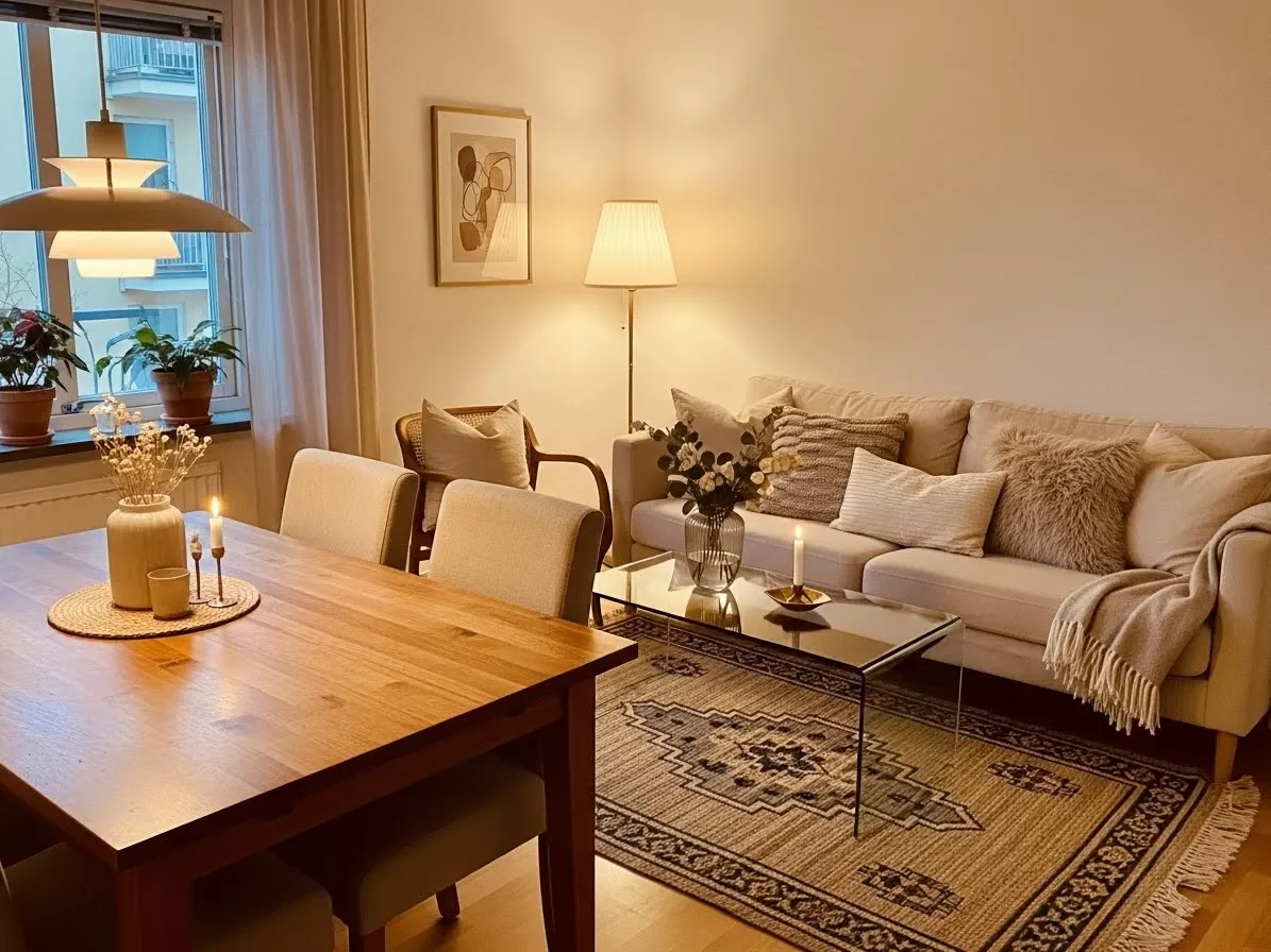 Cozy living-dining combo with mix of textures — wood, glass, fabric, rug — for a warm layered look.”