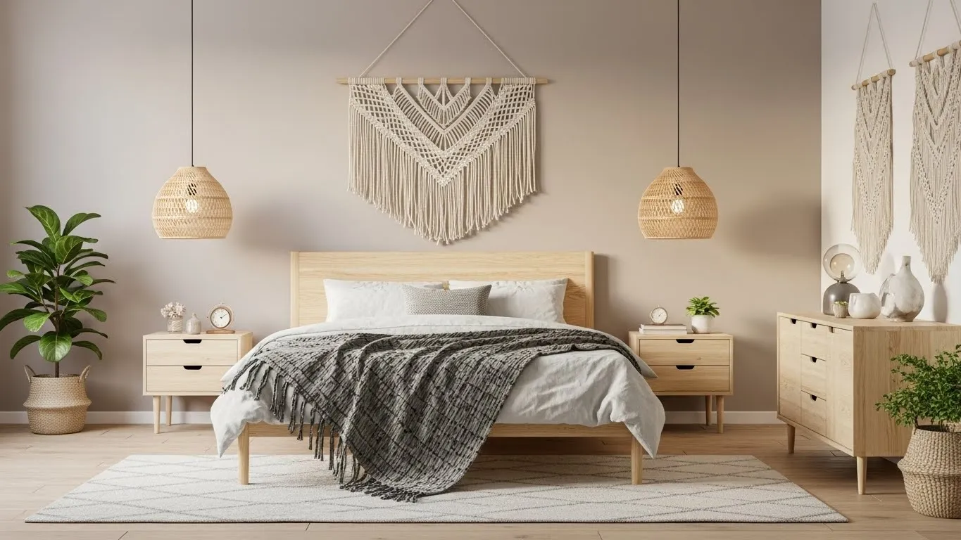 “Modern boho bedroom ideas with simple furniture, neutral bedding, and warm textured decor.”