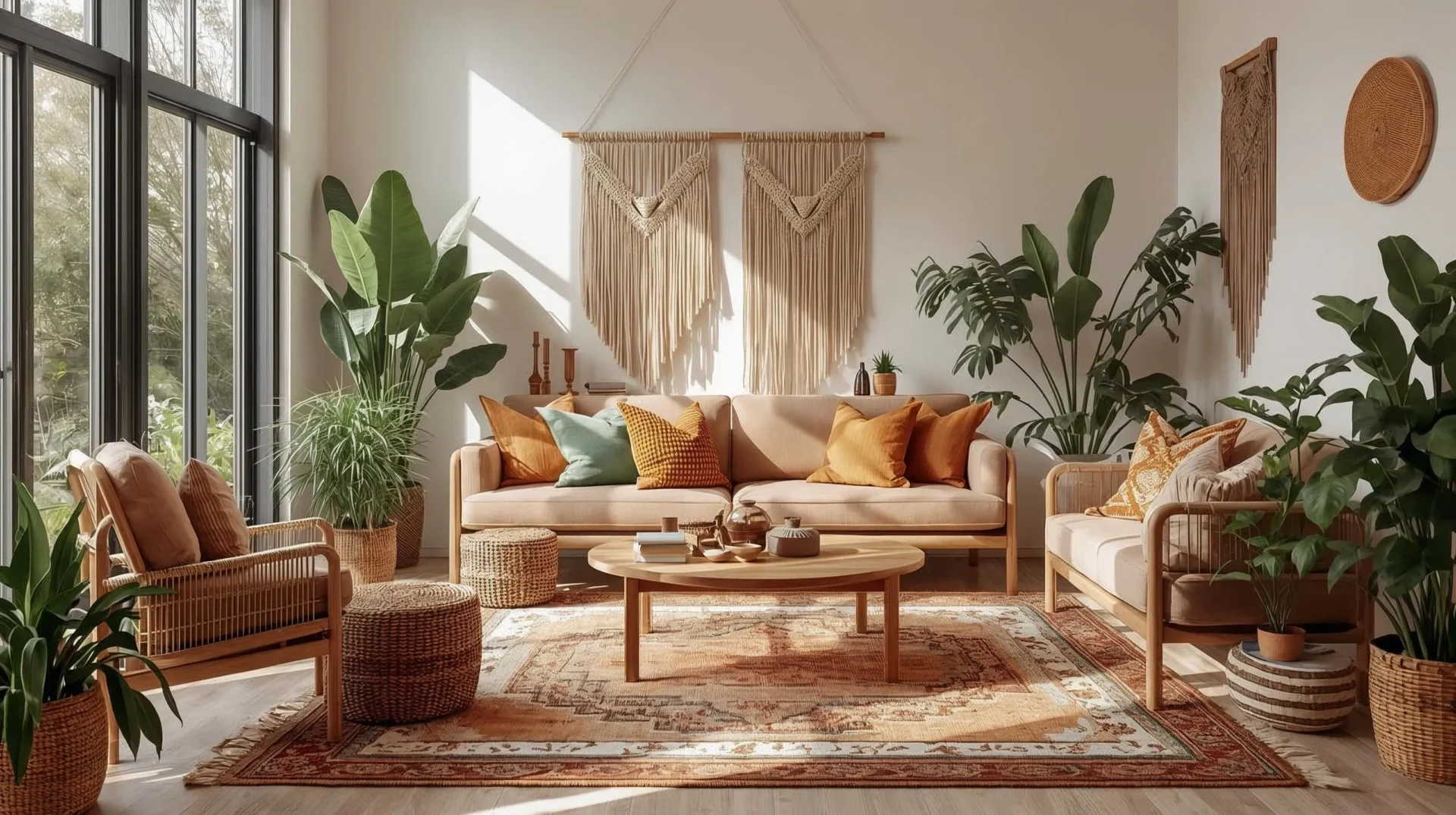 A modern boho living room with earthy tones, natural textures, rattan furniture and layered rugs.”