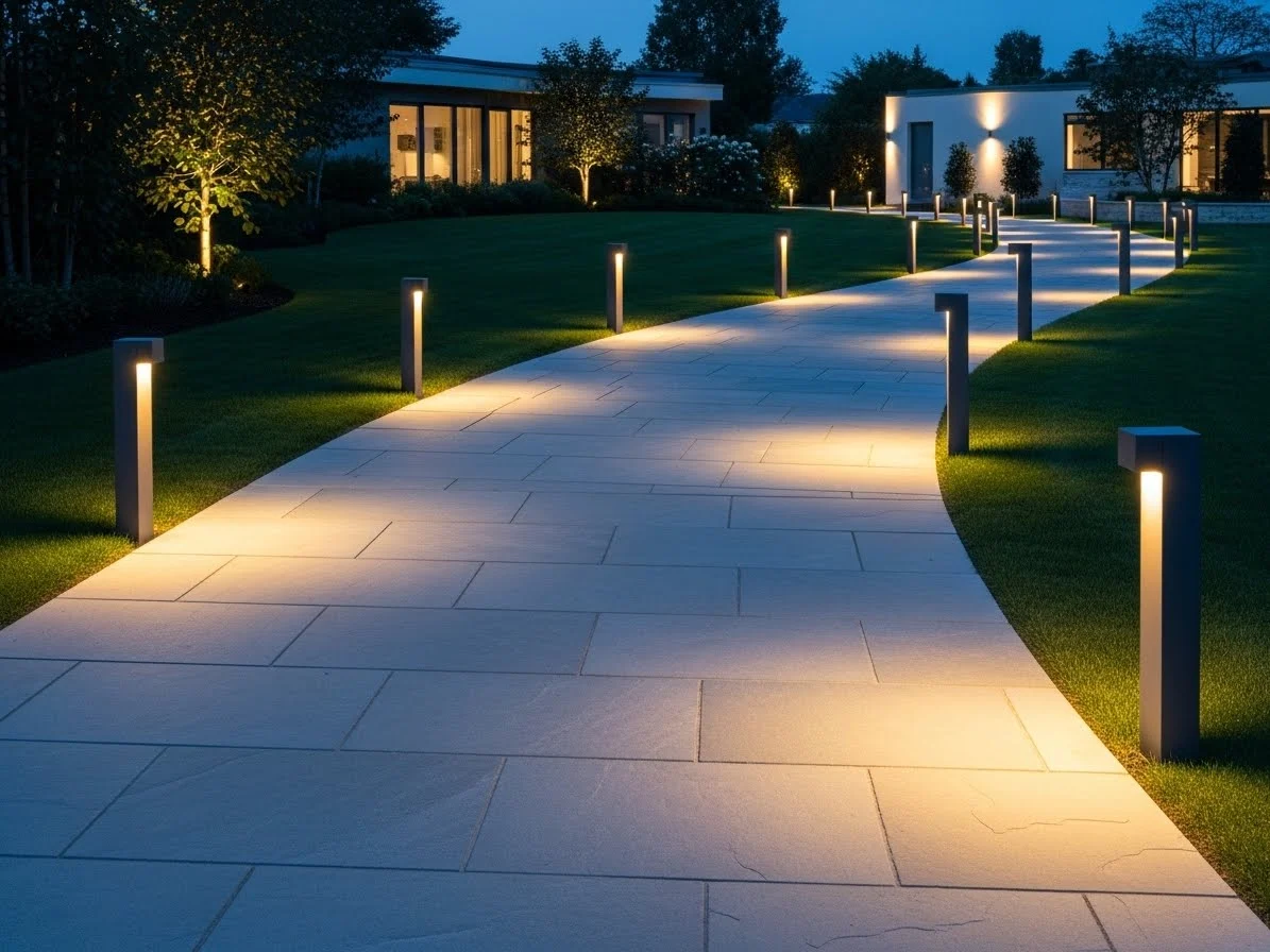 Modern bollard lights illuminating a contemporary outdoor pathway.