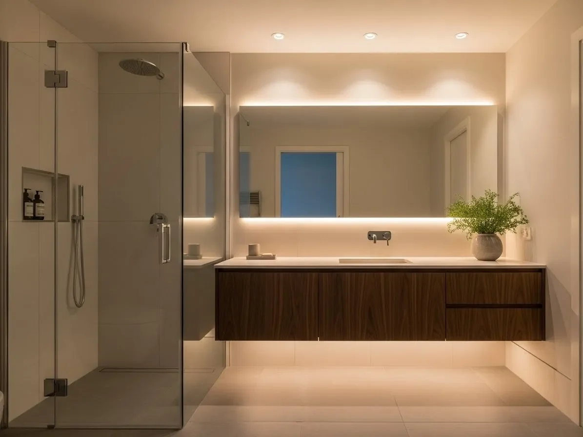 Sleek guest bathroom with frameless glass shower, floating vanity, and warm lighting, illustrating modern guest bathroom ideas for a clean, open look.