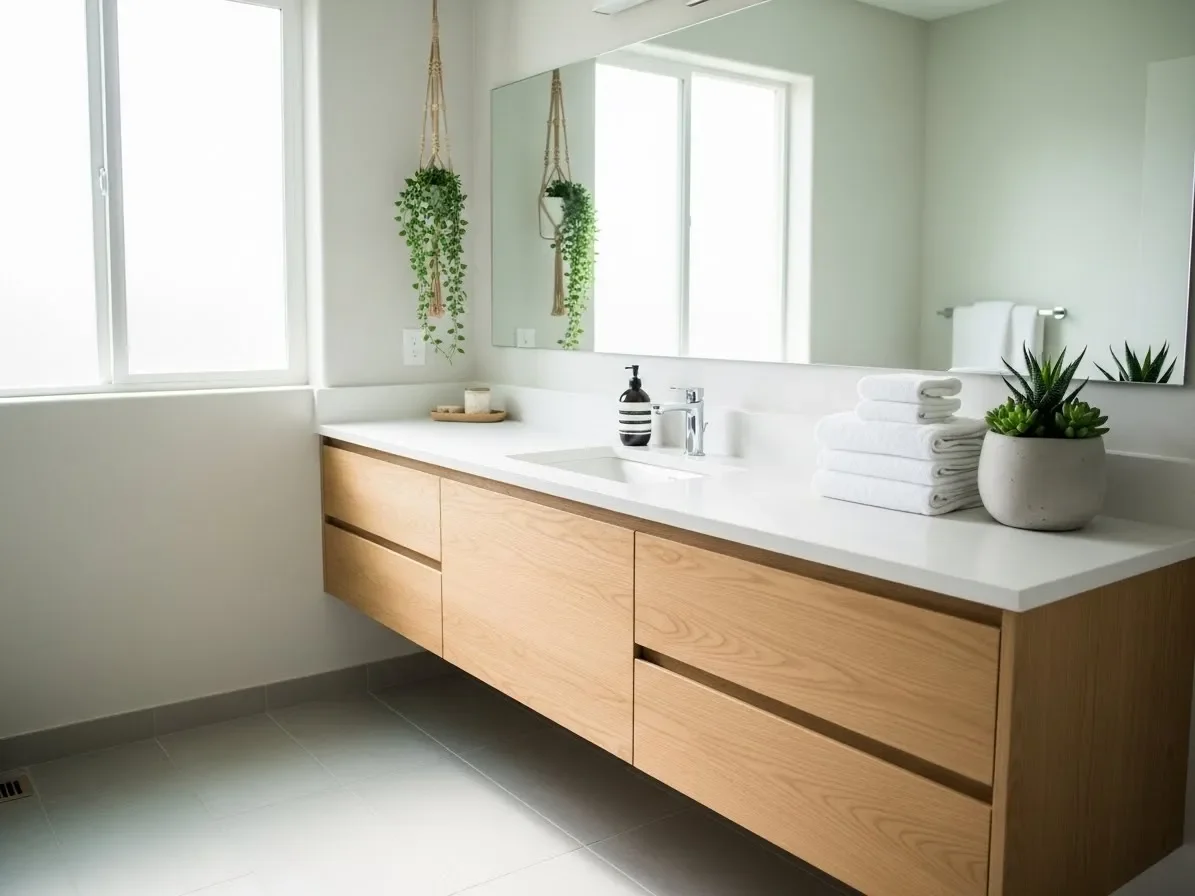 Spa-inspired guest bathroom with floating vanity, neutral walls, plush white towels, and small plants, showcasing modern guest bathroom ideas.