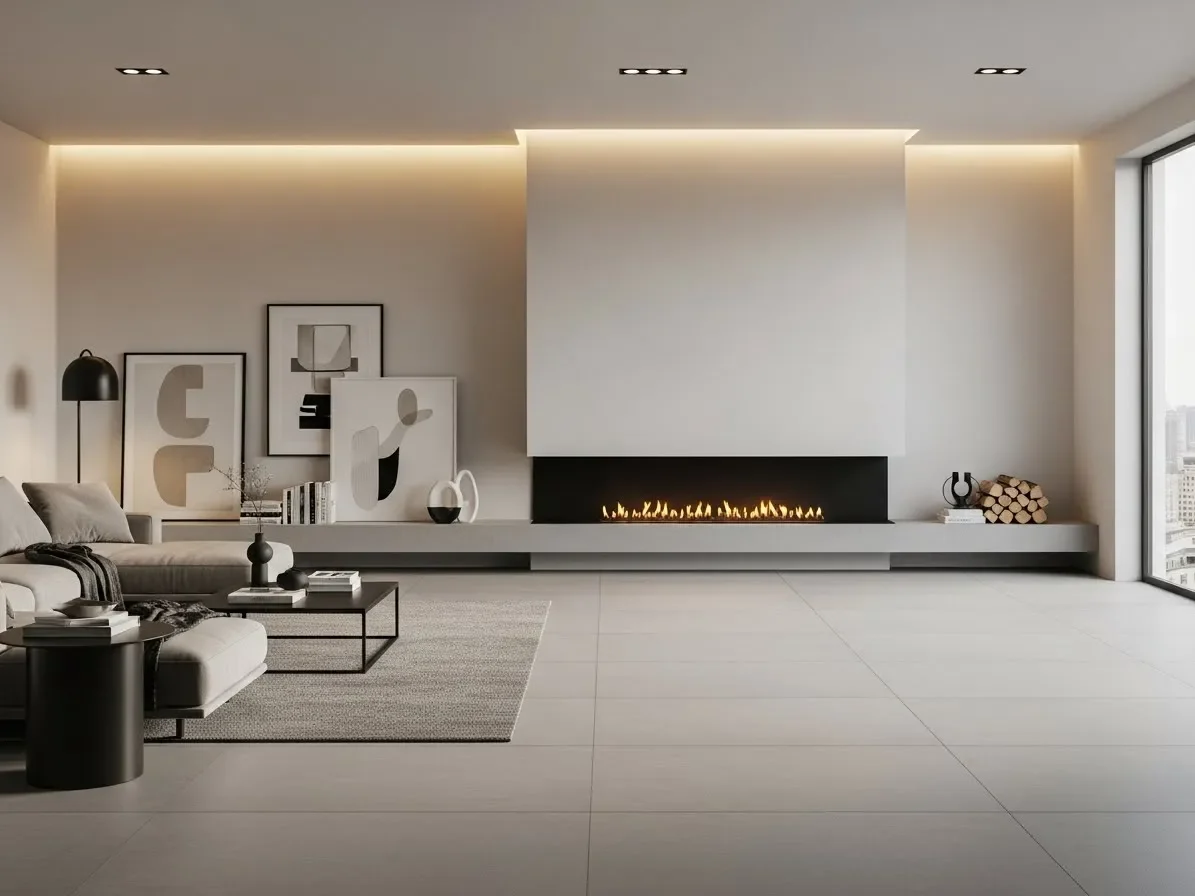 Sleek modern living room with long linear fireplace, large-format tiles, minimal decor, and warm elegant lighting.