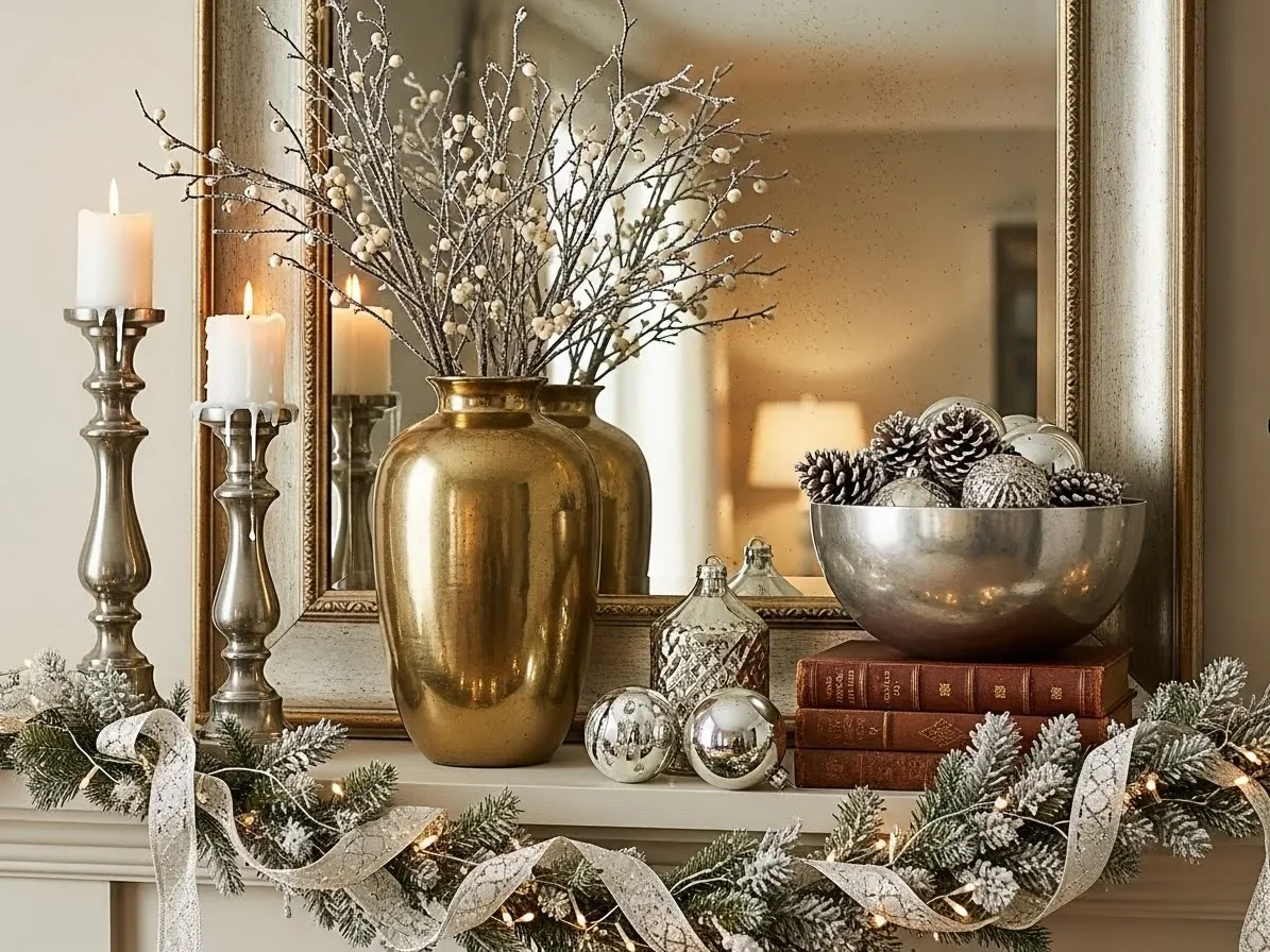 “Metallic accents styled on a winter mantel for modern winter mantel decorating ideas.”
