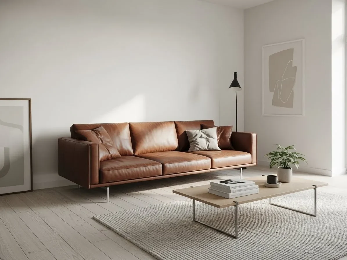 “Modern minimalist living room featuring a brown couch with clean lines and neutral décor.”