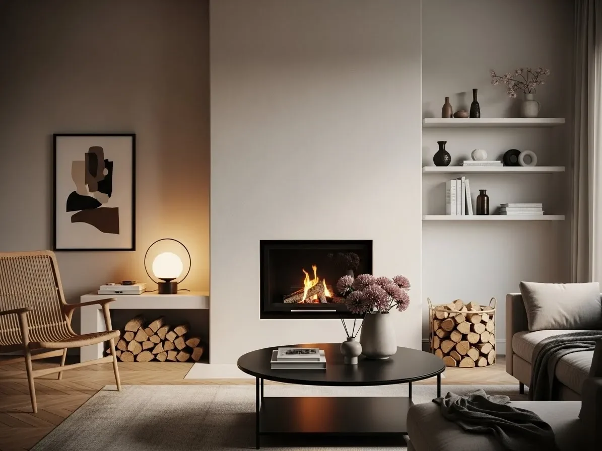 Modern minimalist living room with smooth plaster fireplace, clean lines, neutral decor, Scandinavian styling, and warm soft lighting.