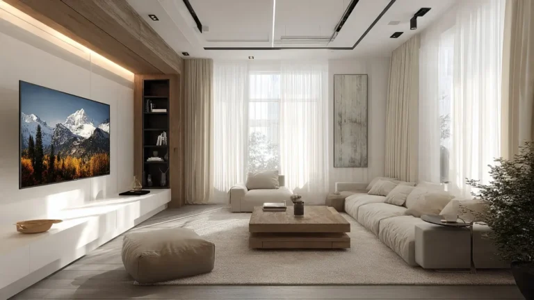 Stylish living room showcasing modern tv wall ideas with a mounted TV and clean décor.