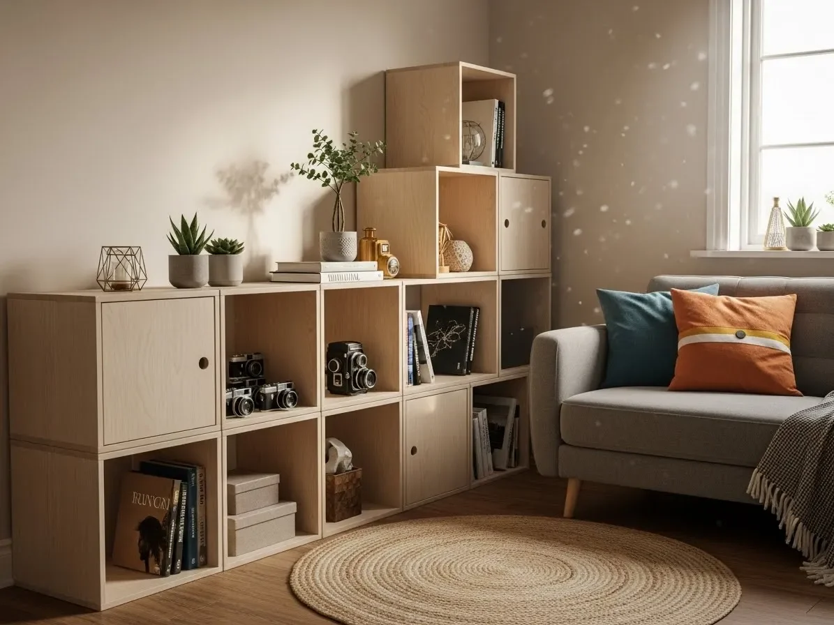  “Modular cube storage used in a small home.
