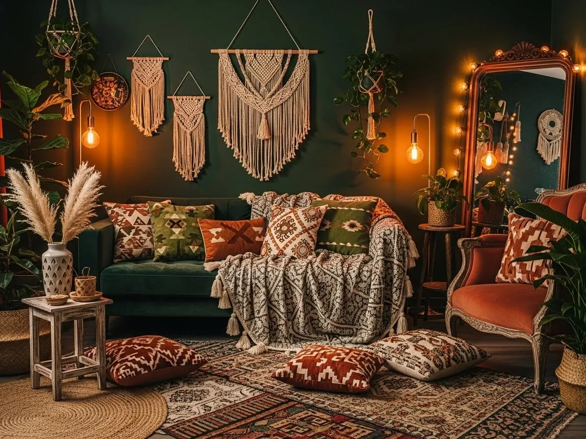 “Moody boho living room with deep colors and layered textiles.”