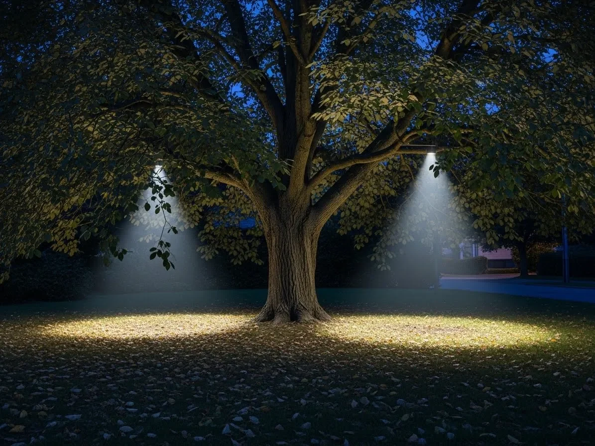 Outdoor tree downlighting producing a moonlight effect.