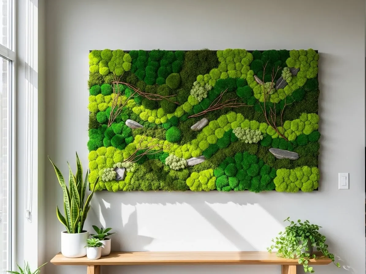 A preserved moss green wall panel used as low-maintenance indoor wall decor.