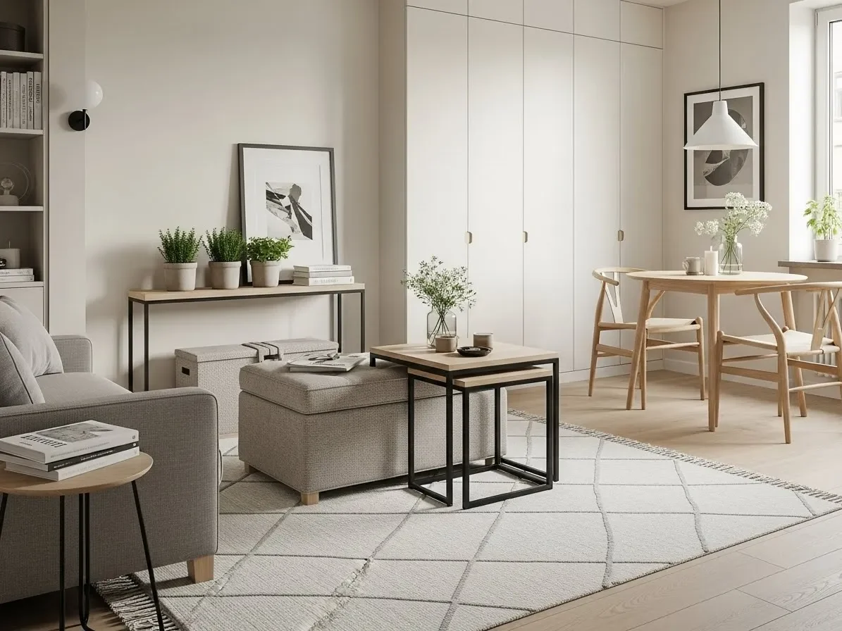 Compact living-dining combo room featuring storage ottoman, nesting tables, and slim console behind sofa for smart space use.”