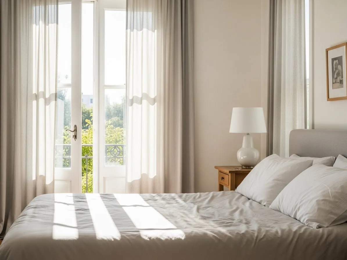Bright bedroom with natural light and airy decor creating an open and calming space.