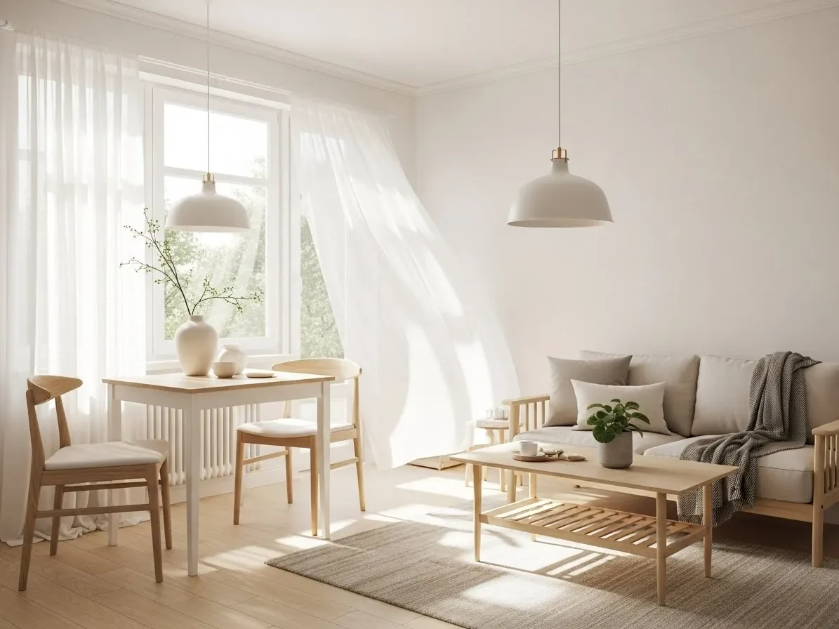 “Small living-dining room with sheer curtains and sunlight flooding in — bright and airy atmosphere.”