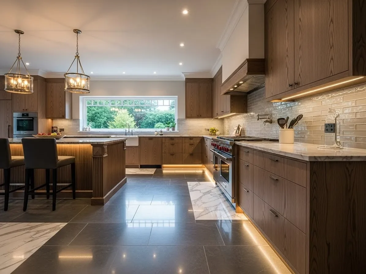 Luxury kitchen with natural stone flooring featuring rich texture, warm lighting, and elegant finishes.