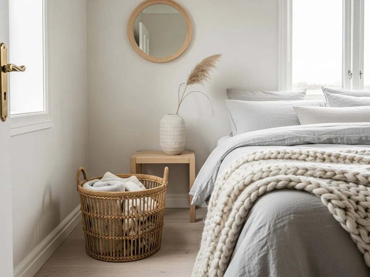 Natural textures like linen and wool add warmth to Scandinavian bedroom decor.