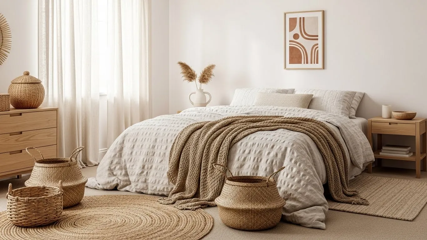 Neutral boho bedroom ideas with beige and cream bedding, light wood furniture, and a woven jute rug.