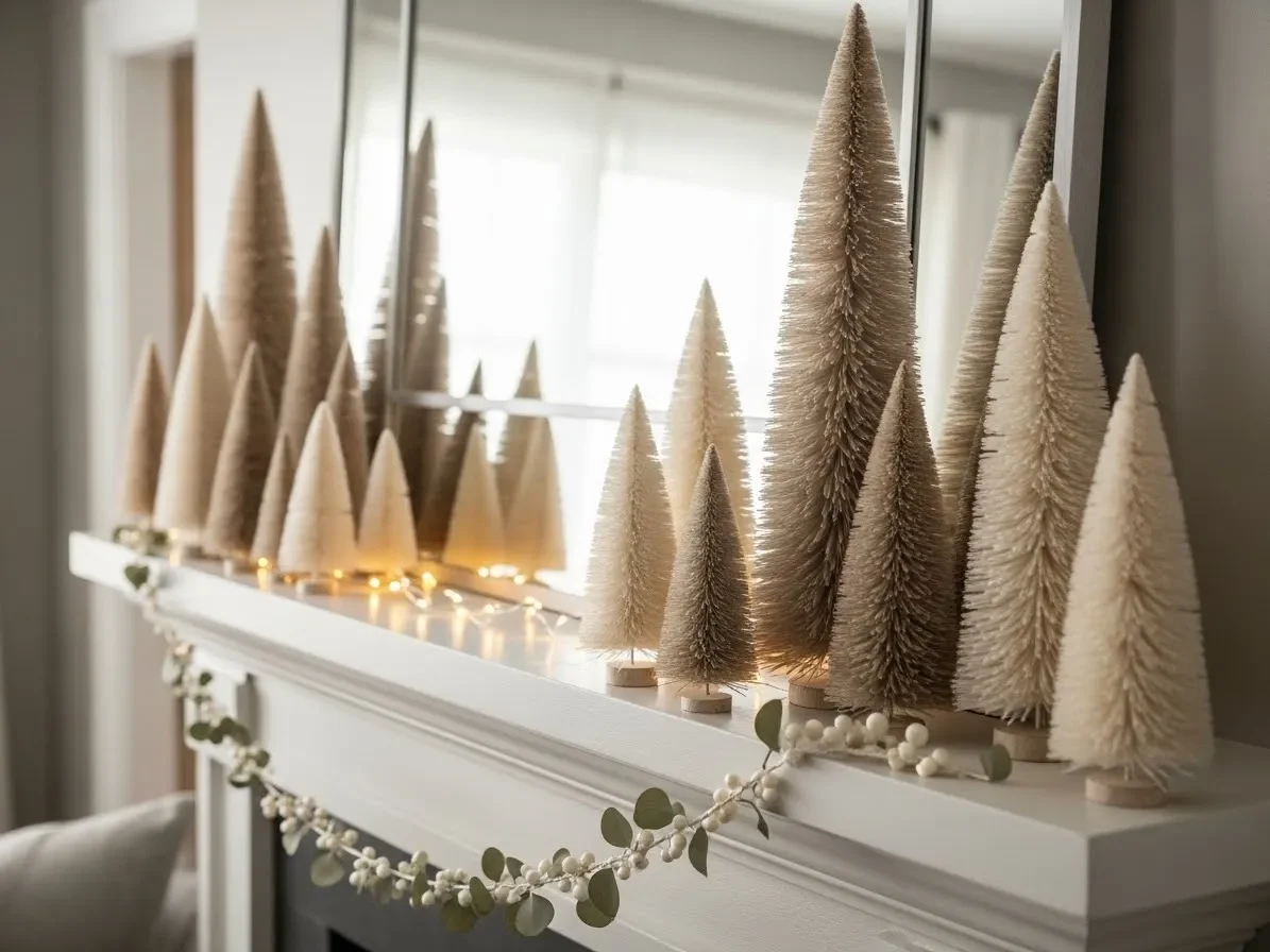 “Neutral bottle-brush trees styled on a mantel for simple winter mantel decorating ideas.”